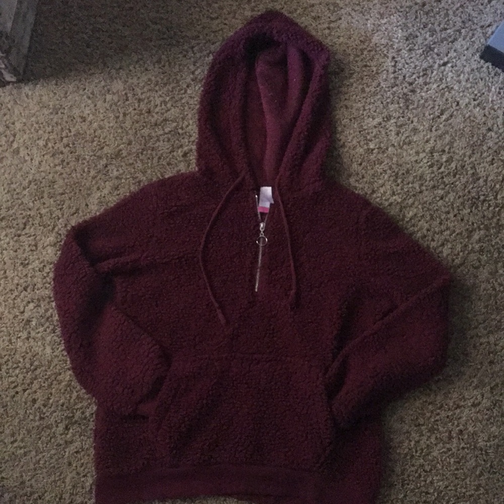 Maroon Fluffy Faux Fur Jacket